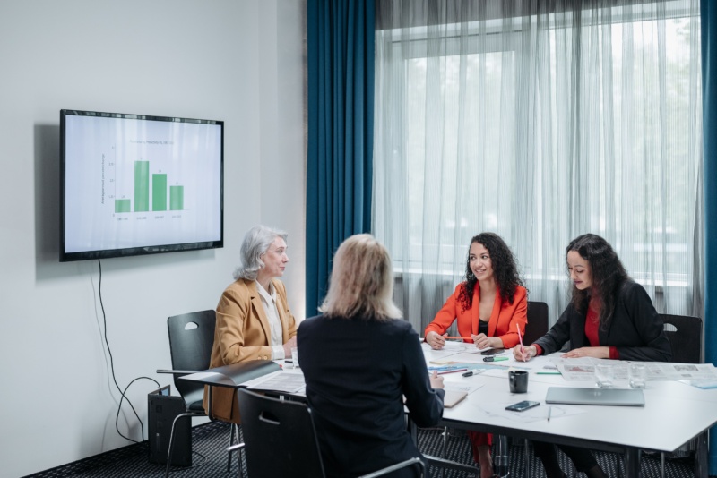 Führungsteam diskutiert Kennzahlen im Meeting, Sinnbild für Defence ESG und veränderte Investorenentscheidungen